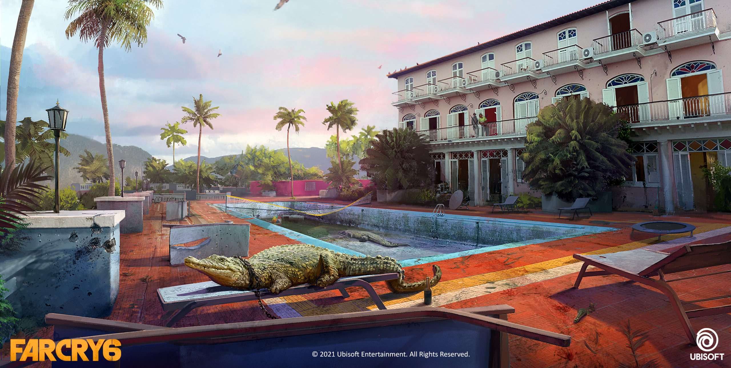 Crocodile on lawn chair by pool