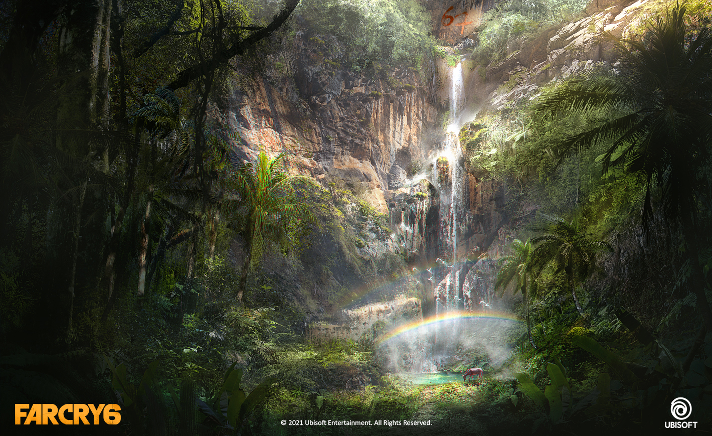 Art of waterfall with rainbow and deer