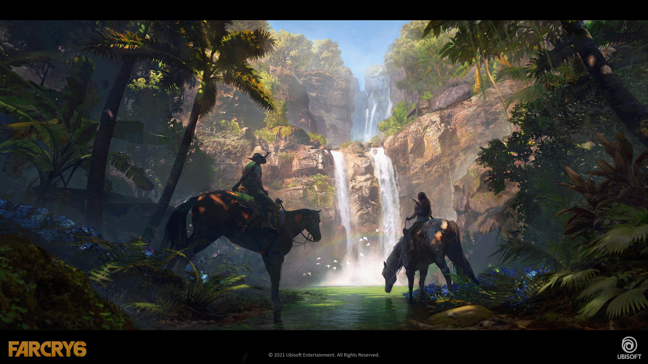 Art of two figures riding horses by waterfall