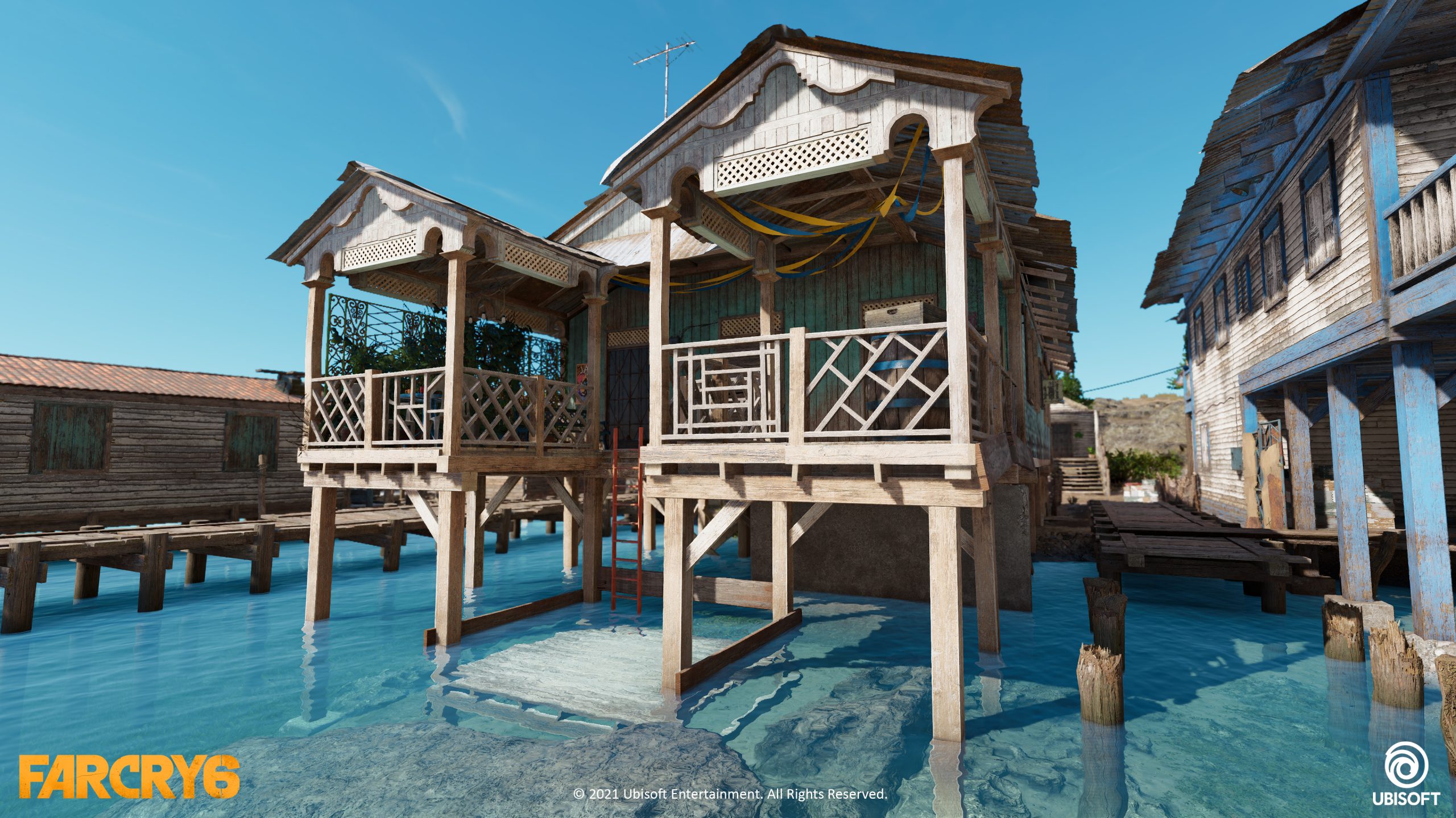 Far Cry 6 art, house on stilts over water