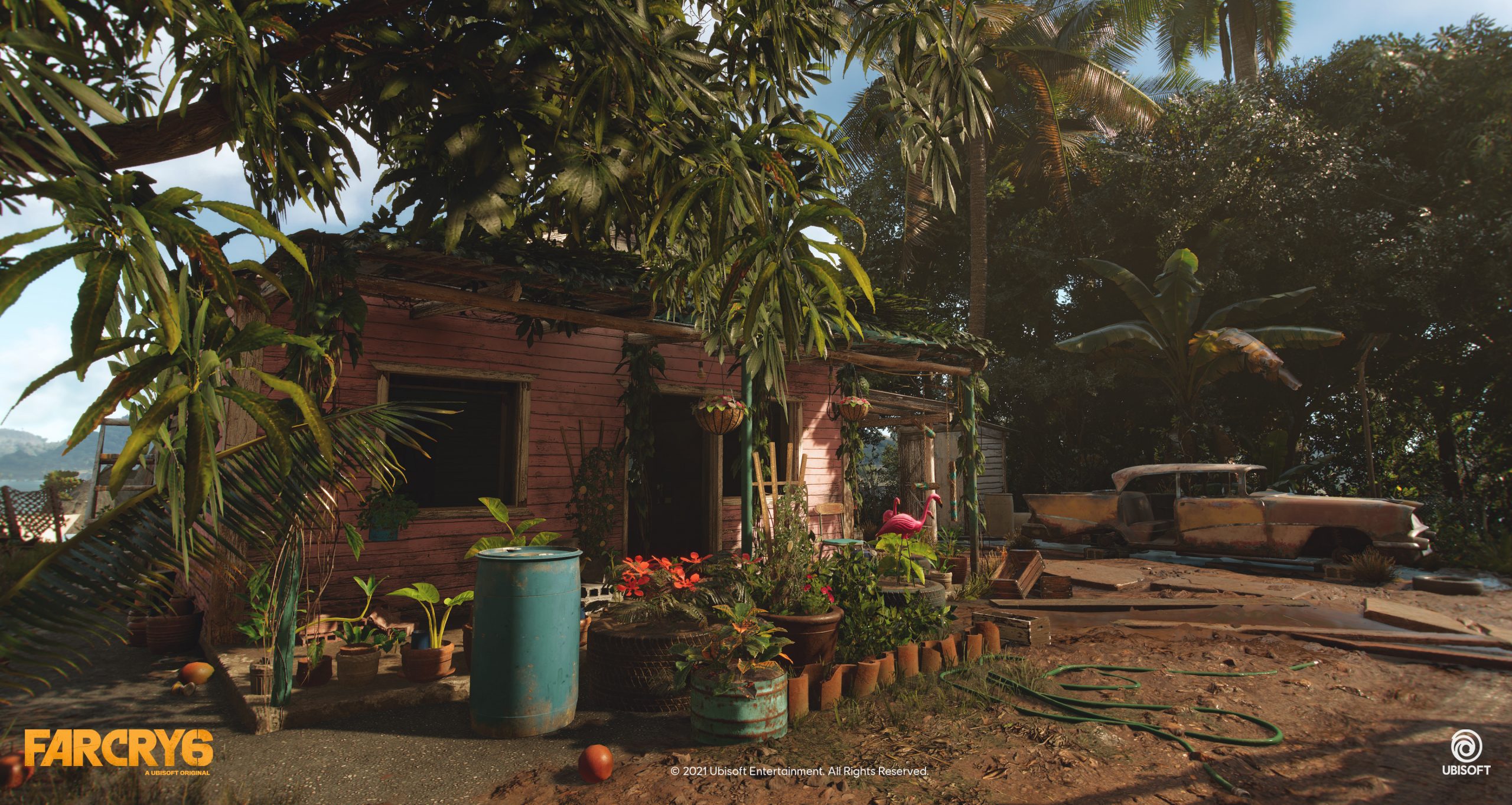 Far Cry 6 art, pink house with plants and plastic lawn flamingoes