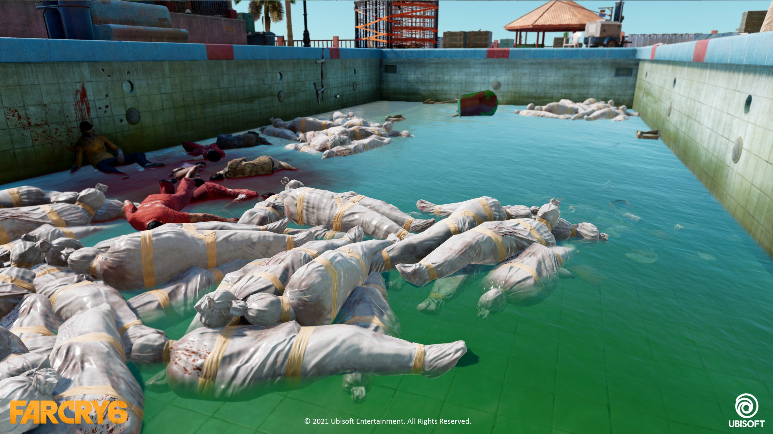 Bodies wrapped in white cloth floating in water