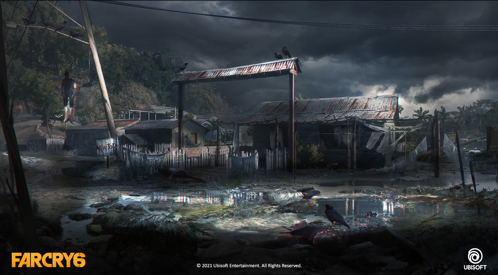 Shack with hanged body, crows and dark, cloudy sky