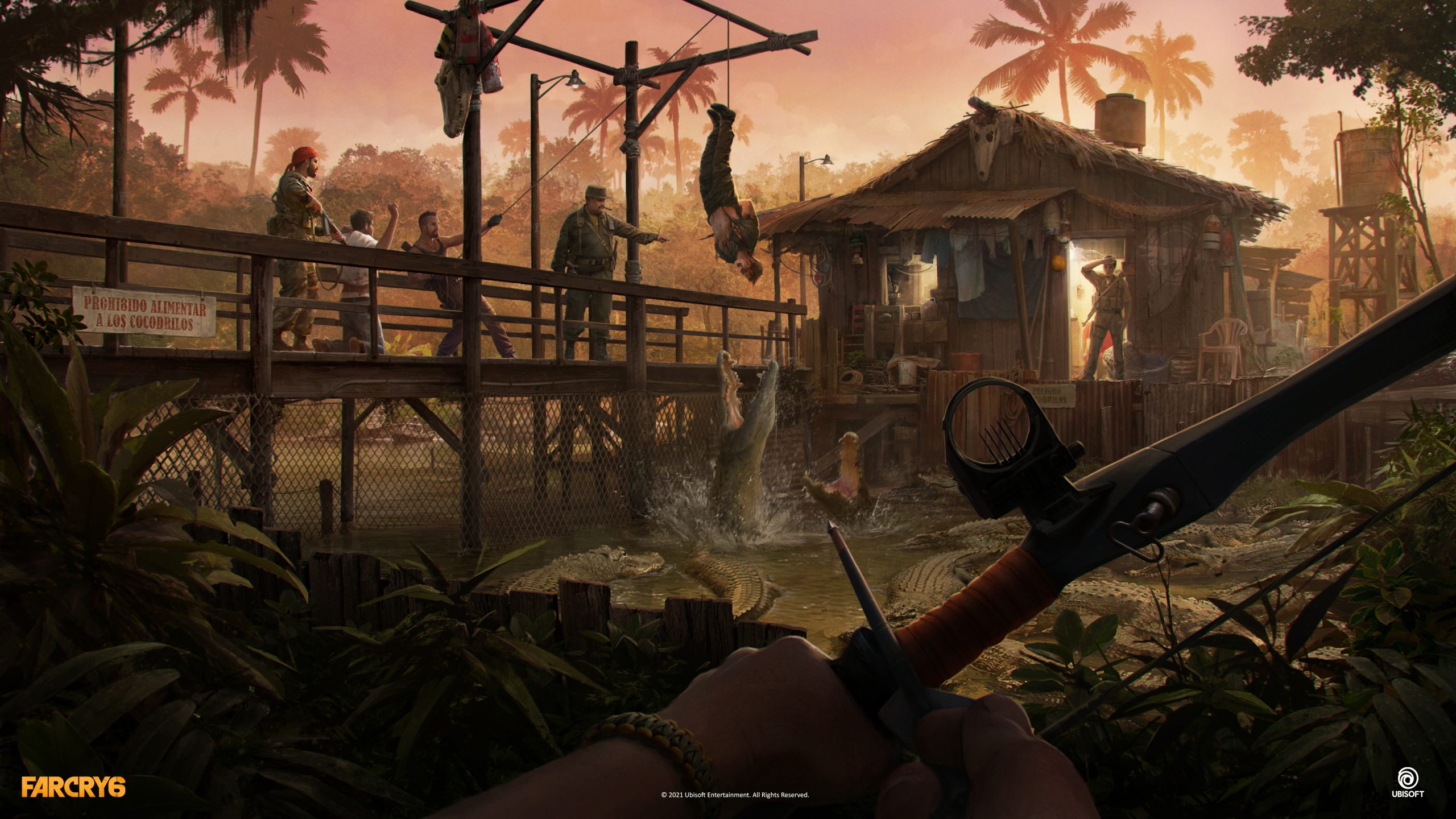 Crossbow aimed at figures on bridge with crocdile and hanged man