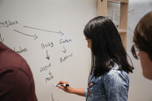 Brainstorming at the Ubisoft Winnipeg whiteboard wall